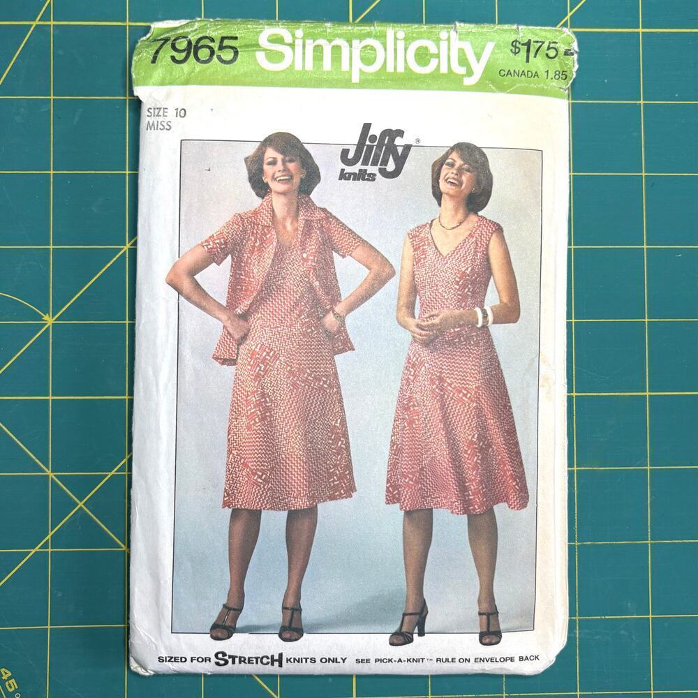 Vtg Uncut Misses Jiffy Knits Pullover Dress, Jacket Pattern Simplicity 7965 Sz10